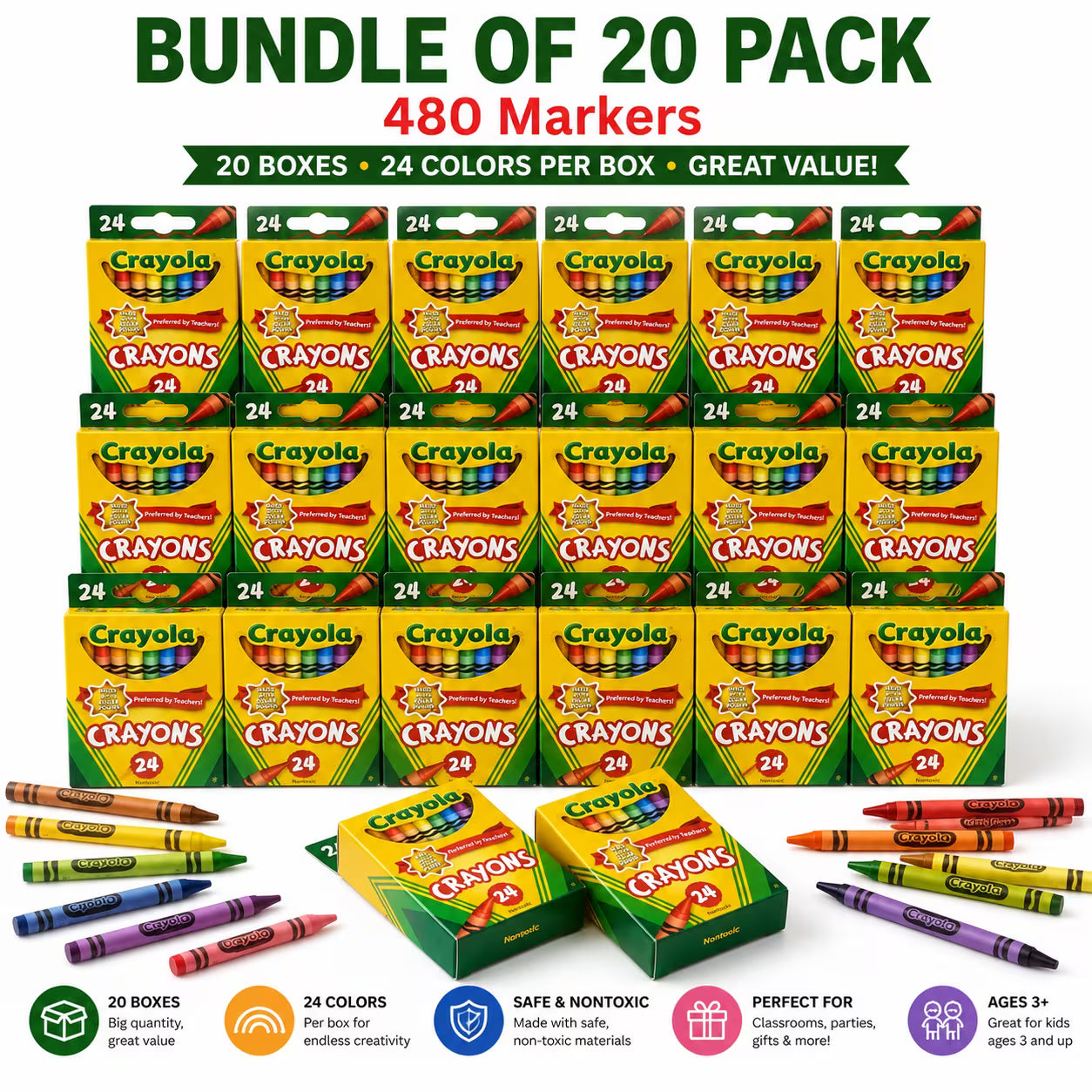 (20 Packs)Crayola Crayons 24 Count – Classic Colors Coloring Supplies for Kids | Classroom Must-Haves for Teachers & School Art Essentials
