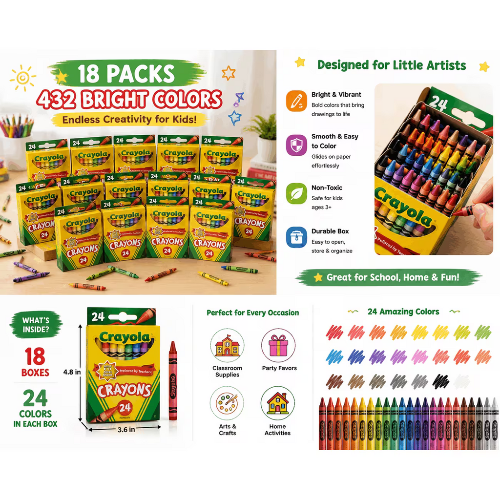 (Pack of 18) Crayon Boxes, 24 Colors Each Box, Bulk Coloring Supplies for Kids, Classroom Art Supplies, Non-Toxic Crayons for School, Home & Crafts