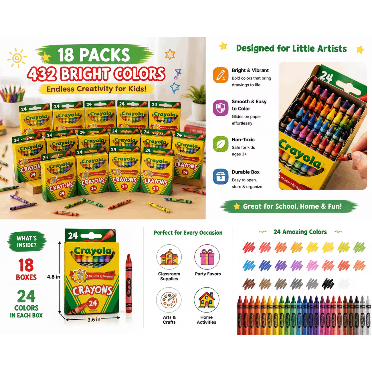 (Pack of 18) Crayon Boxes, 24 Colors Each Box, Bulk Coloring Supplies for Kids, Classroom Art Supplies, Non-Toxic Crayons for School, Home & Crafts